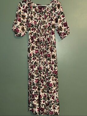 April Cornell Floral cream Maxi Dress with Rose Print Pleated Medium Cottagecore